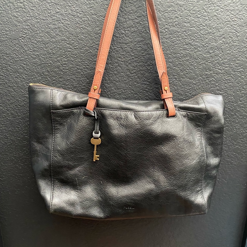 Fossil Black Leather Tote with Tan Straps
